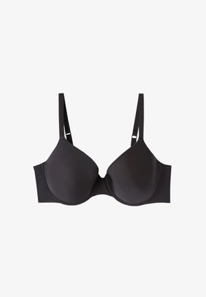 Black underwire bra with smooth, molded cups and adjustable shoulder straps on a white background.
