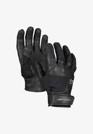 Schwarze Handschuhe aus Leder und Stoff; verfügen über fünf Finger mit verstärkten Nähten und einem verstellbaren Handgelenkriemen mit Logo.