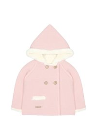 Abrigo rosa de punto con capucha, forro de piel sintética blanca, botones de doble fila y un bolsillo delantero con borde texturizado.