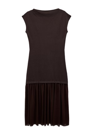 Bezrękawnikowa ciemnobrązowa sukienka z dopasowaną dzianinową górą i marszczonym, plisowanym spódnicą z szyfonu kończącą się poniżej kolan.