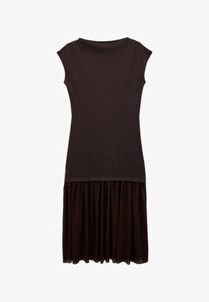 Ärmelloses dunkelbraunes Kleid mit figurbetontem Strickoberteil und gerafftem, plissiertem Chiffonrock, der unterhalb des Knies endet.