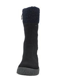 Black suede mid-calf boots featuring a textured navy fleece upper, curved stitching details, and a rubber sole with a patterned tread.