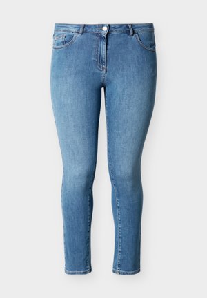 Blue high-waisted skinny jeans with front button, zipper, and five-pocket design, displayed against a plain light background.