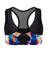 Schwarzer und mehrfarbiger Sport-BH mit einem Mesh-Rücken, der ein Ausschnitt-Detail und ein farbenfrohes abstraktes Muster im unteren Bereich aufweist.