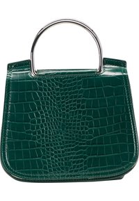 Borsa a mano in pelle ecologica verde a forma di coccodrillo, con una silhouette strutturata, manico rotondo in argento e una texture liscia e lucida.