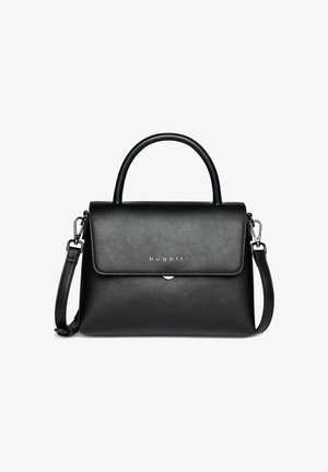 Sac à main en cuir noir avec une forme structurée, une poignée supérieure et une bandoulière amovible. Doté d'une fermeture à rabat et d'un logo métallique.