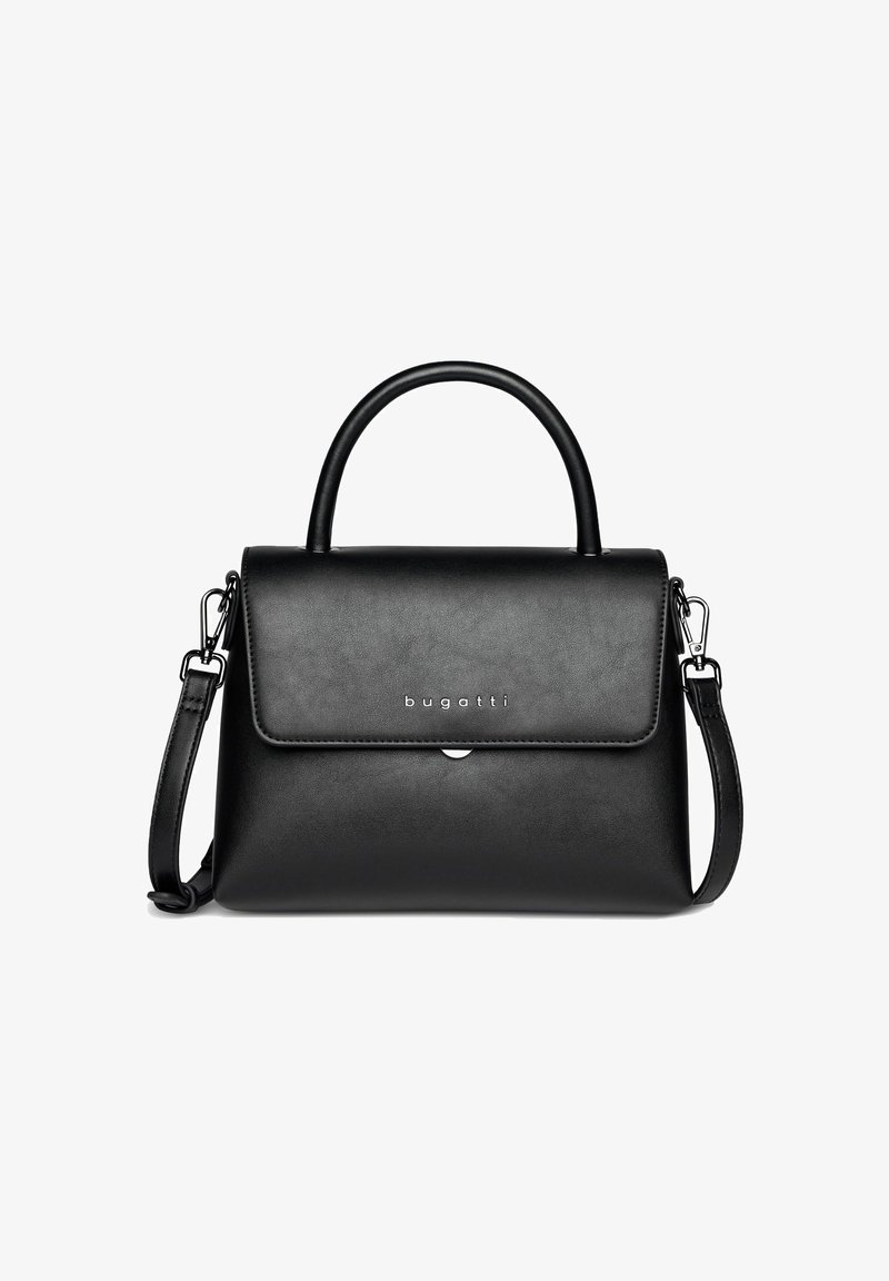 Zwarte leren handtas met een gestructureerde vorm, bovenhandvat en afneembare schouderband. Voorzien van een klepsluiting en een metallic logo.
