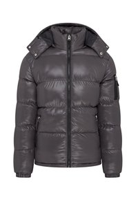 Grå puffjacka med en glänsande finish. Har dragkedja fram, hög krage och sidofickor med dragkedja. Elastiska muddar och avtagbar huva.