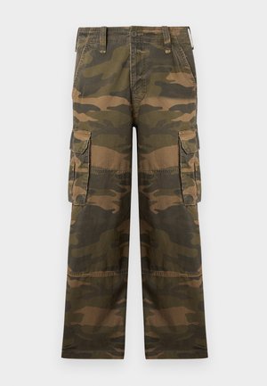 Straight-leg cargo pants with green and brown camouflage pattern, front button, zipper fly, belt loops, and flap pockets on each thigh.