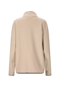 Beige fleece pullover met een hoge kraag, lange mouwen en zwarte bies langs de zoom en manchetten. Zachte textuur en minimalistisch ontwerp.