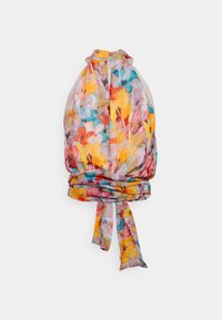 Leichter Schal mit floralem Muster in Pink-, Gelb- und Blautönen, mit einem gebundenen Detail am unteren Ende und einer fließenden Textur.