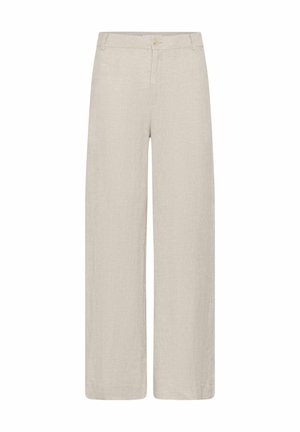 Pantalones de lino beige de pierna ancha con cierre de botón y cremallera, parte frontal plana y trabillas para cinturón.