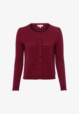 Cardigan en maille bordeaux à manches longues, col rond, boutonnage devant, ourlet festonné et motif carré perforé.