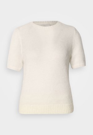 Kratkikmēne džemperis no mīksta balta adījuma, ar apaļu kakla izgriezumu un ribotām malām. Minimālistisks dizains ar vieglu tekstūru.