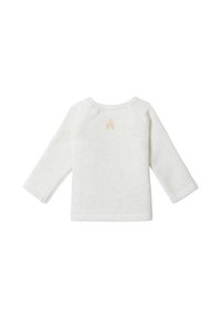 Lichtgrijs langemouwen shirt van zachte stof, met een ronde halslijn en een klein logo-detail op de achterkant. Glad van textuur, eenvoudig ontwerp.