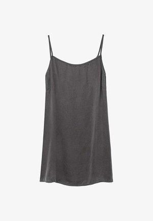 Sukienka na cienkich ramiączkach w ciemnoszarym materiale, o luźnym kroju, delikatnym połysku oraz czystym, prostym wzornictwie bez widocznych wzorów ani dodatków.