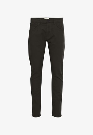 Pantalons ajustés vert foncé en mélange de coton, dotés d'une braguette à zip, de cinq poches et d'une texture lisse.