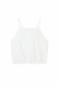 Bílý krajkový crop top s nastavitelnými ramínky, nařaseným elastickým pasem, květinovým vzorem a texturovaným povrchem.