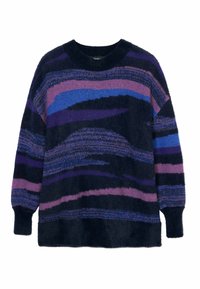 Gebreide pullover met meerkleurige golvende strepen in donk blauw, paars en roze op een textuurrijke, zachte stof. Ronde hals en lange mouwen.