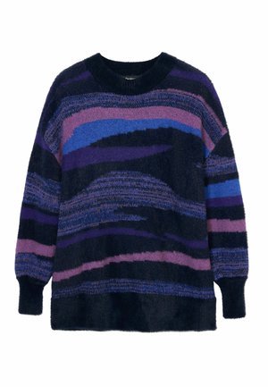 Knitted pullover sweater featuring multicolored wavy stripes in dark blue, purple, and pink on a textured, soft fabric. Round neckline and long sleeves.