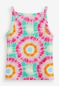 Ribbet stof tanktop med et tie-dye mønster i pink, turkis og orange, med en afslappet pasform og tynde skulderstropper.
