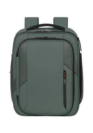 Green rectangular backpack with top handle, padded shoulder straps, front zippered compartments, and subtle mesh side panels.