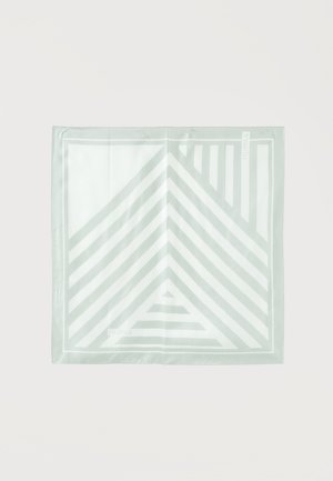 Écharpe carrée vert clair avec des rayures géométriques blanches formant un triangle et des lignes verticales dans un coin.