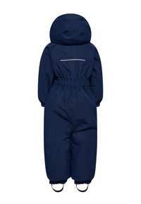 Mörkblå isolerad overall med huva, elastisk midja och ärmslut. Har en reflexremsa på ryggen och stövelremmar.