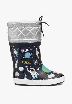 Black rubber boot featuring a silver quilted upper, space-themed graphics, white sole, and drawstring closure for snug fit.