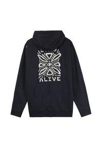 Sweatshirt à capuche noir avec un grand design graphique blanc comportant des formes abstraites et le mot "ALIVE" affiché en évidence.
