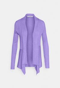 Cardigan violet côtelé à manches longues, avec un design à ouverture frontale et une finition texturée. Il présente un ourlet asymétrique et un tissu lisse.