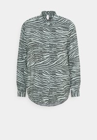 Langærmet skjorte med et sort og mintgrønt zebra-stribet mønster, krave-design og buet kant. Fremstillet af letvægtsstof.
