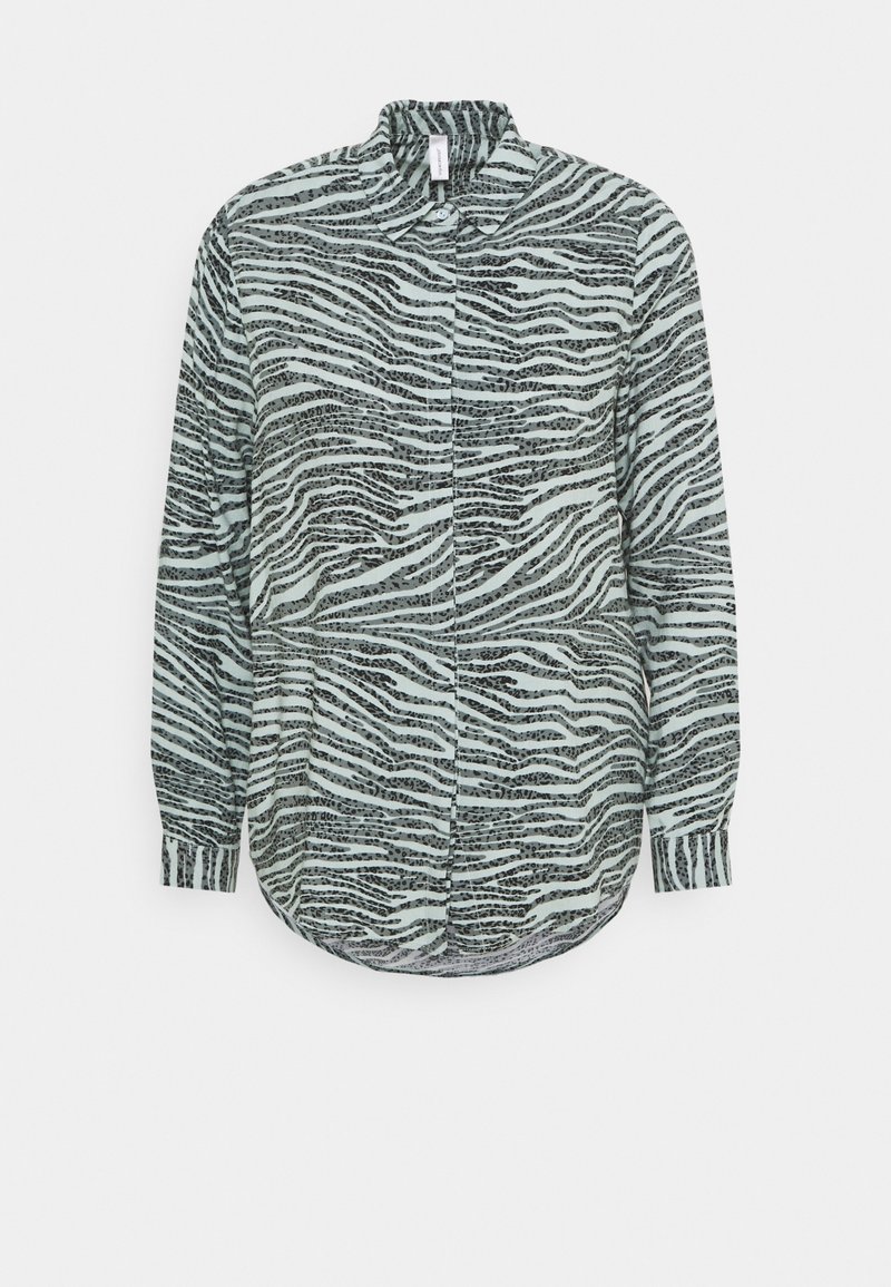 Langærmet skjorte med et sort og mintgrønt zebra-stribet mønster, krave-design og buet kant. Fremstillet af letvægtsstof.