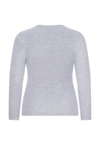 Long-sleeve gray top made from lightweight, soft fabric. Features a round neckline and a smooth, solid texture with no visible patterns.