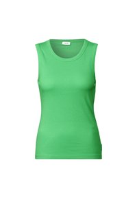 Top senza maniche di colore verde, realizzato in tessuto liscio, con scollatura rotonda e design aderente. Nessun motivo o dettaglio aggiuntivo presente.