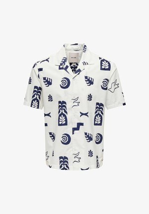 Bela srajca s kratkimi rokavi in gumbi, z mornarsko modrimi abstraktnimi vzorci rastlin in zvitkov, enakomerno razporejenimi po tkanini.