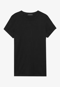 Black short-sleeve t-shirt made of soft, lightweight fabric. Features a crew neck and a simple, seamless design without embellishments.