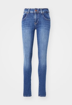 Skinny jeans in een medium blauwe wassing, gemaakt van denimstof. Heeft vijf zakken, een knoopsluiting en subtiele vervaging bij de knieën.