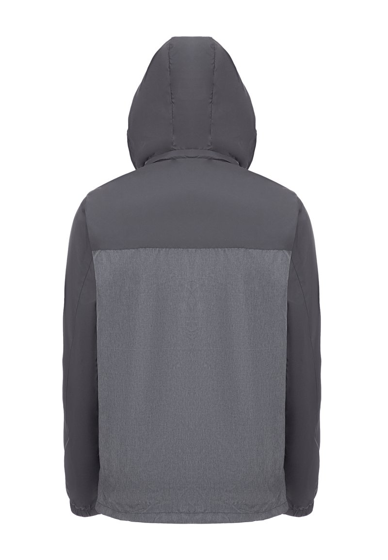 Gevoerde hoodiejack in donkergrijs met een gladde textuur, voorzien van een lichtergrijze panel aan de achterkant. Verstelbare manchetten en zoom.