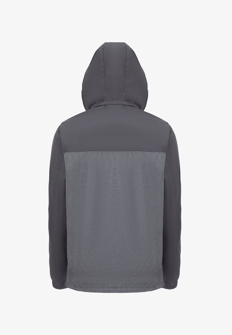 Padded hooded jacket in dark gray with a smooth texture, featuring a lighter gray panel at the back. Adjustable cuffs and hem.