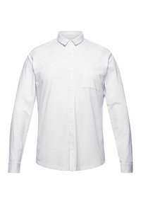 White long-sleeve button-up shirt, made of cotton, featuring a collar, front pocket, and smooth texture with a classic fit.