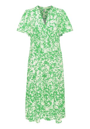 Robe florale verte à manches courtes et décolleté en V. Présente un motif floral blanc, un élastique à la taille et une jupe fluide arrivant au genou.