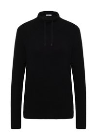 Maglione nero lavorato a maglia con collo alto, maniche lunghe e dettaglio con coulisse al colletto. Tessuto testurizzato e design semplice.