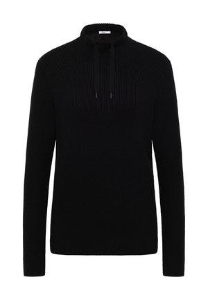 Černý pletený svetr s vysokým límcem, dlouhými rukávy a stahovací šňůrkou na límci. Texturovaná tkanina a jednoduchý design.