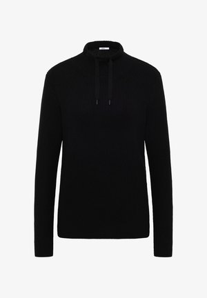 Schwarzer Strickpullover mit hohem Kragen, langen Ärmeln und einem Kordelzug am Kragen. Strukturierter Stoff und schlichtes Design.