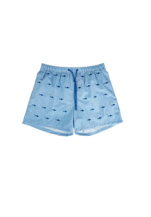 Pantaloni corti blu a righe con vita regolabile, decorati con piccoli motivi di balenottera. Realizzati in tessuto leggero con una texture liscia.