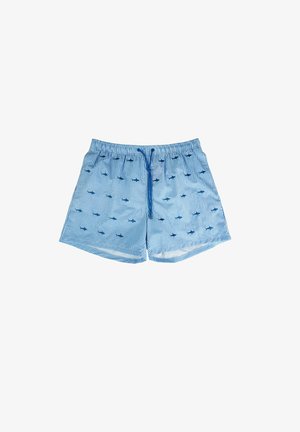 Pantaloni corti blu a righe con vita regolabile, decorati con piccoli motivi di balenottera. Realizzati in tessuto leggero con una texture liscia.