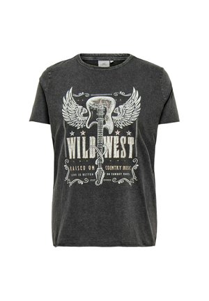 Camiseta de algodón gris con un gráfico de guitarra con alas y texto. Manga corta, cuello redondo y un corte holgado. Textura desgastada.