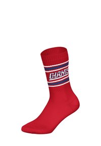 Czerwone skarpetki z prążkowanym wykończeniem u góry, ozdobione niebieskimi i białymi paskami oraz napisem "GIANTS" w wyraźnych literach po boku. Wykonane z miękkiego materiału będącego mieszanką bawełny.