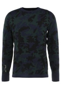 Pull en maille à manches longues, col rond, avec un motif camouflage bleu foncé et vert, et le logo "RLX" brodé sur le poignet gauche.